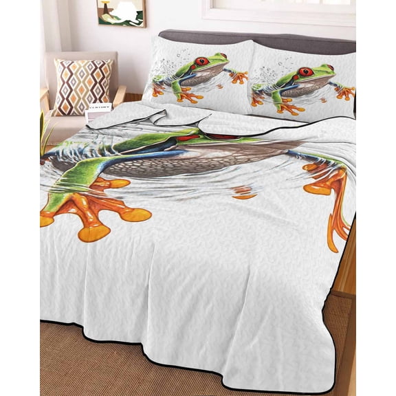 Green Funny Frog Queen Size Down Alternative Comforter, Lightweight Comforter Quilt Bedding Set with Pillow Shams Animal Vintage Artwork Watercolor All Seasons Bed Comforter Duvet Insert 90"x96"