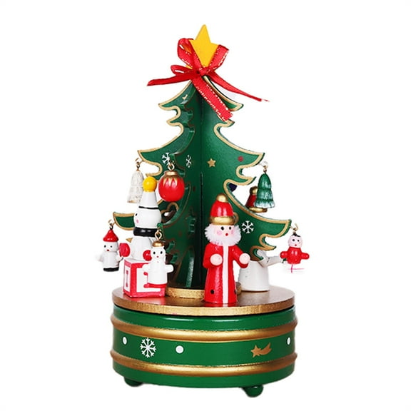 Green Funny Music Box with 4 Figurines and Rotating Wooden Christmas Tree Merry Go Round Windup Musical for Christmas Decoration Festive Home Gift Idea Birthday Valentine New Year Celebration