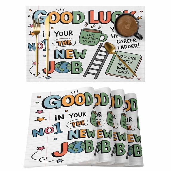 Green Funny Words Placemats Set of 6, Cartoon Luck New Job Placemats for Dining Table, Place Mats for Kitchen Tabletop, Waterproof Wipeable Dining Table Mats Set