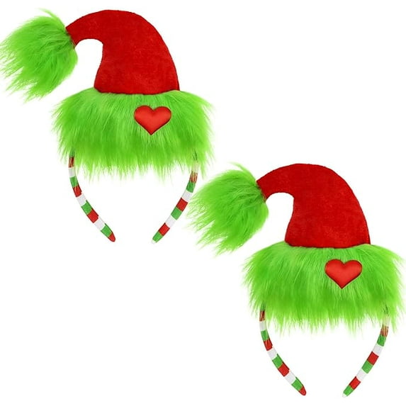 Green Furry Headband Christmas Hat Headband with Red Heart Cute Headpiece Funny Novelty Accessories Christmas Party Favors Women Men(2PC)