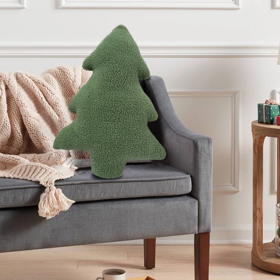 Green Fuzzy Christmas Tree Pillow - Holiday Throw Pillow Xmas Tree Shaped Cushion, Festive Throw for Sofa Bed Couch Gift