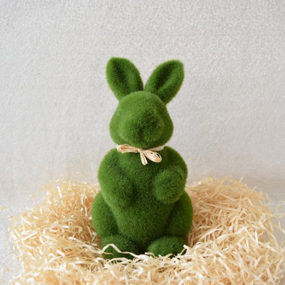 Green Fuzzy Flocked Bunny Easter Holiday Spring Decor Rabbit Figurines Garden Artificial Animal Moss for Indoor Table Home, Kitchen, Shelf Decorations Furry Covered Rabbit