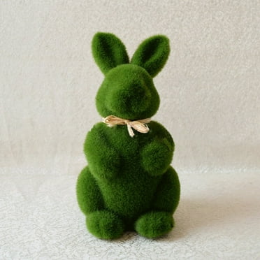 Green Fuzzy Flocked Bunny Easter Holiday Spring Decor Rabbit Figurines Garden Artificial Animal Moss for Indoor Table Home, Kitchen, Shelf Decorations Furry Covered Rabbit