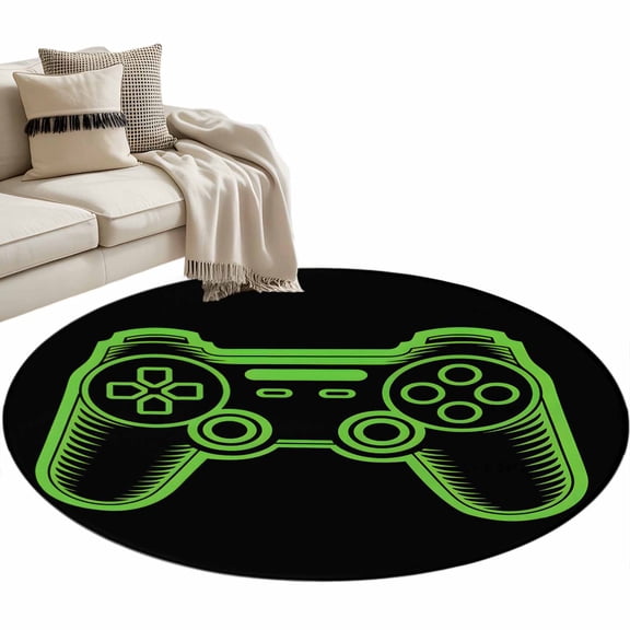 Green Game Controller 3ft Area Rug, Modern Art Gaming Handheld Black Washable Non-Slip Small Round Rugs for Entryway Bedroom Kitchen, Soft Circle Carpet for Dining Room, Playroom Nursery Rug