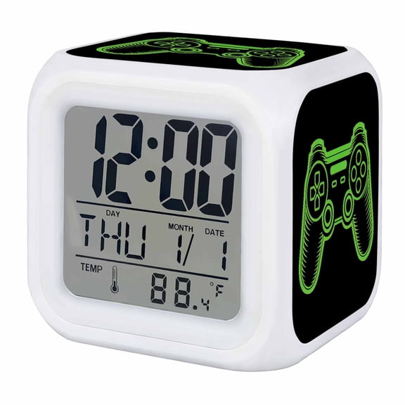 Green Game Controller Digital Alarm Clock for Bedrooms,Smart LED Alarm Clock with 7 Color Changing Night Light,Modern Art Gaming Handheld Black Silent Wake Up Clocks for Sleep Study Cooking 3.2"x3.2"