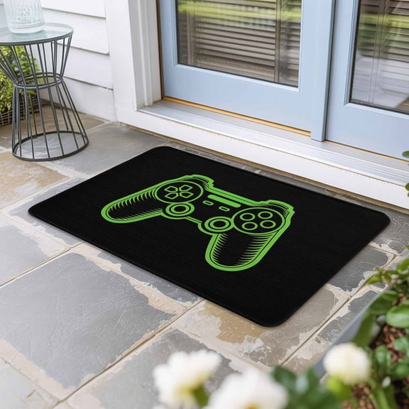 Green Game Controller Door Mat Indoor Outdoor, Modern Art Gaming Handheld Black Non Slip Welcome Mat with Rubber Backing, Absorbent Fabric Front Door Mats Entryway Rug for Home Patio Entrance 24"x36"