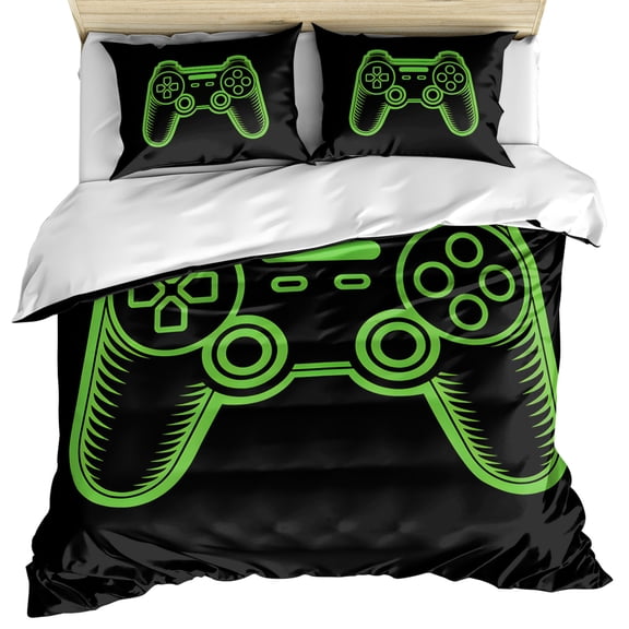 Green Game Controller Duvet Cover Queen Size, Modern Art Gaming Handheld Black Comforter Cover with Zipper Closure, 3 Piece Bedding Sets 1 Duvet Cover 90x90 Inches and 2 Pillow Shams