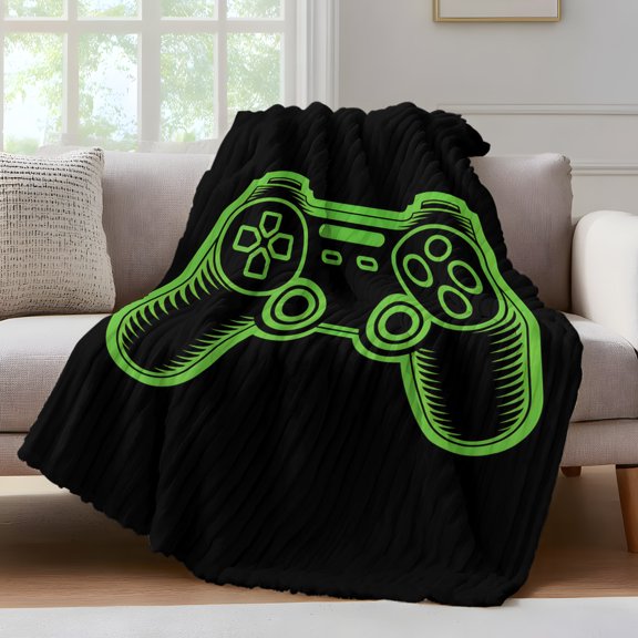 Green Game Controller Fleece Throw Blanket for Couch, Modern Art Gaming Handheld Black Microfiber Flannel Blanket for All Season, Lightweight Soft Throw Blankets for Bed, Sofa, Travel, 50"x60"
