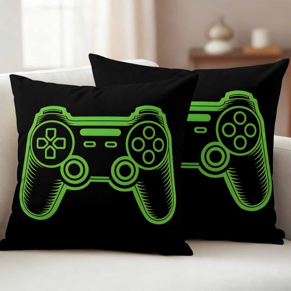 Green Game Controller Outdoor Waterproof Throw Pillow Covers 16x16 Set of 2, Modern Art Gaming Handheld Black Decorative Pillowcases Cushion Pillowcase for Couch Sofa Patio Outside Pillow Protector