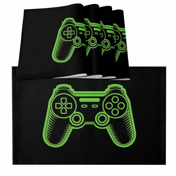 Green Game Controller Placemats for Dinning Table Set of 4, Modern Art Gaming Handheld Black Burlap Kitchen Place Mats Waterproof Cloth Table Mats, Indoor Outdoor Placemats Easy Clean Dinner Decor