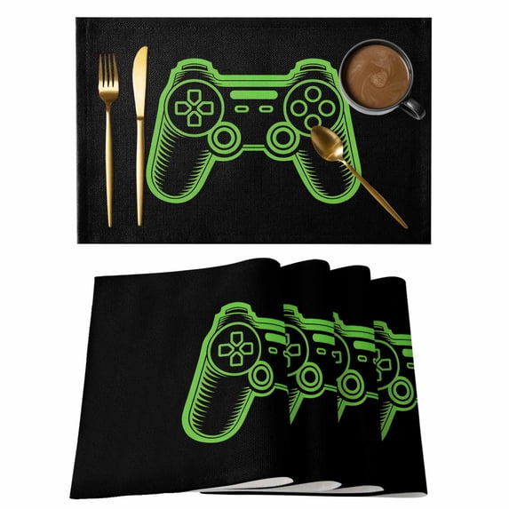 Green Game Controller Placemats Set of 4, Modern Art Gaming Handheld Black Placemats for Dining Table, Place Mats for Kitchen Tabletop, Waterproof Wipeable Dining Table Mats Set