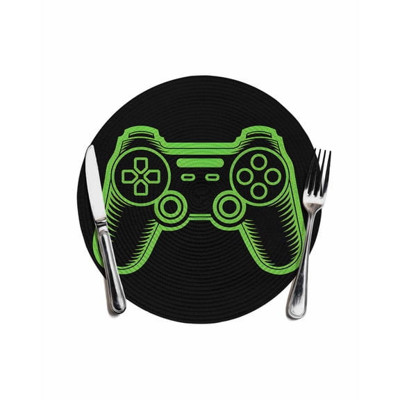 Green Game Controller Round Placemats for Dinning Tables,Heat-proof Braided Table Mats 13 Inch,Modern Art Gaming Handheld Black Washable Place Mat for Kitchen Restaurant Party Decor Table Setting