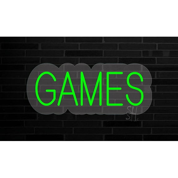 Green Games Contoured Clear Backing LED Neon Sign 10 x 24 - inches, Clear Acrylic Backing, with Dimmer - Bright and Premium built indoor LED Neon Sign for décor, arcarde, and storefront.