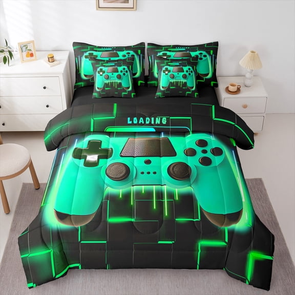 Green Gaming Comforter Set 7 Piece Bed in a Bag Twin,Gamer Bedding Sets Neon Lights Abstract Geometry Sheet Set with Comforter Gamer Room Decor