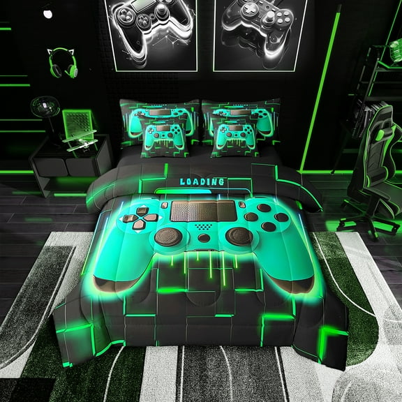 Green Gaming Comforter Set 7 Piece Bed in a Bag Twin,Gamer Bedding Sets Neon Lights Abstract Geometry Sheet Set with Comforter Gamer Room Decor