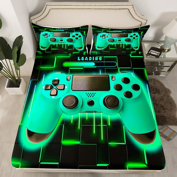 Green Gaming Fitted Sheet Gamer Bed Sheets Queen,Neon Lights Abstract Geometry Sheets Gamer Room Decor for Boys(No Top Sheet)