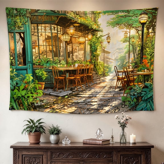 Green Garden Cafe Street View Wall tapestry, Large size Printed Horizontal Tapestry blanket, Polyester Fabric Wall Hanging for living room, patio, No Installation Required, Indoor, Outdoor, Gift for
