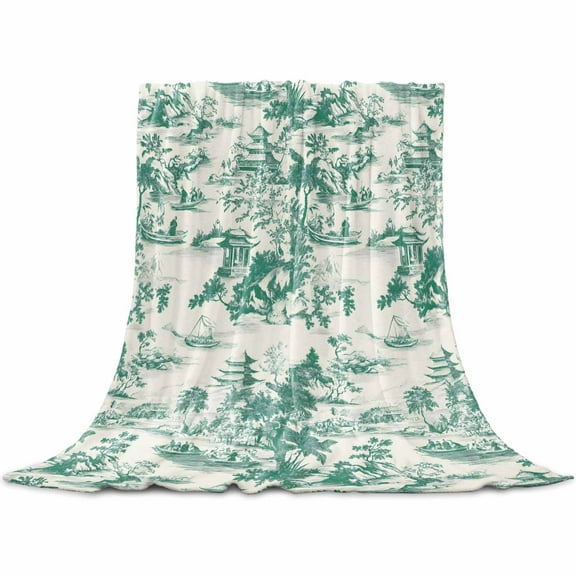 Green Garden Retro Flannel Blanket for Bed, Modern Art Building Tree Boat Soft Cozy Warm Couch Throw Blanket, Lightweight Fluffy Plush Bedding Blankets for Sofa Decor All Season 30"x40"