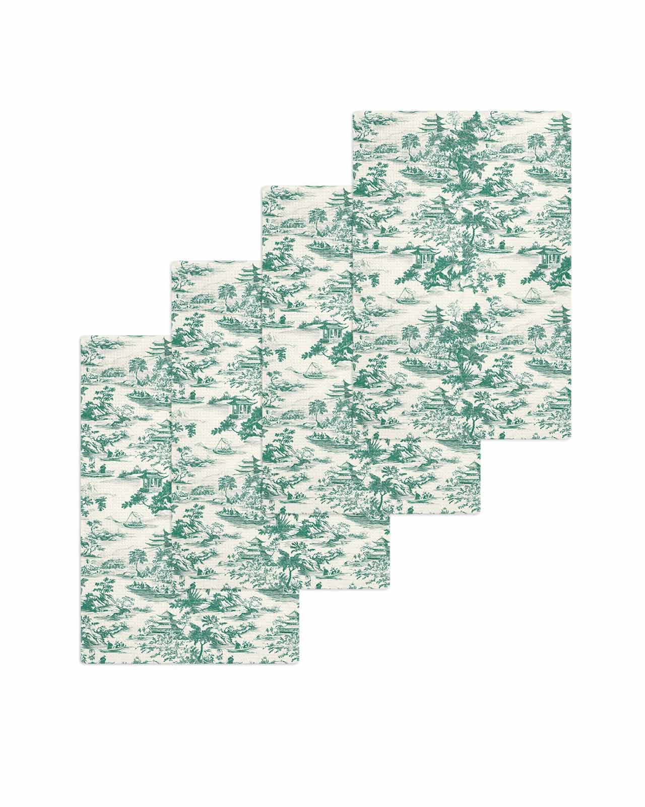 Green Garden Retro Kitchen Dish Towels for Drying Dishes Set of 4, Modern Art Building Tree Boat Waffle Weave Microfiber Terry Hand Tea Bathroom Towels Quick Dry & Absorbent Towel 15.7x23.6