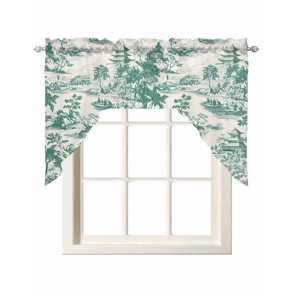 Green Garden Retro Kitchen Swag Valances for Windows, Modern Art Building Tree Boat Swag Valances Curtains for Living Room, Rod Pocket Window Treatments for Bathroom, Bedroom, Cafe, 56"x36"