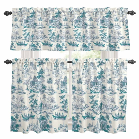 Green Garden Vintage Kitchen Curtains Sets for Windows 24 Inch Length, Modern Art Building Boat Tree Rod Pocket Window Treatments Tier Curtains and Valances Set for Bedroom/Bathroom