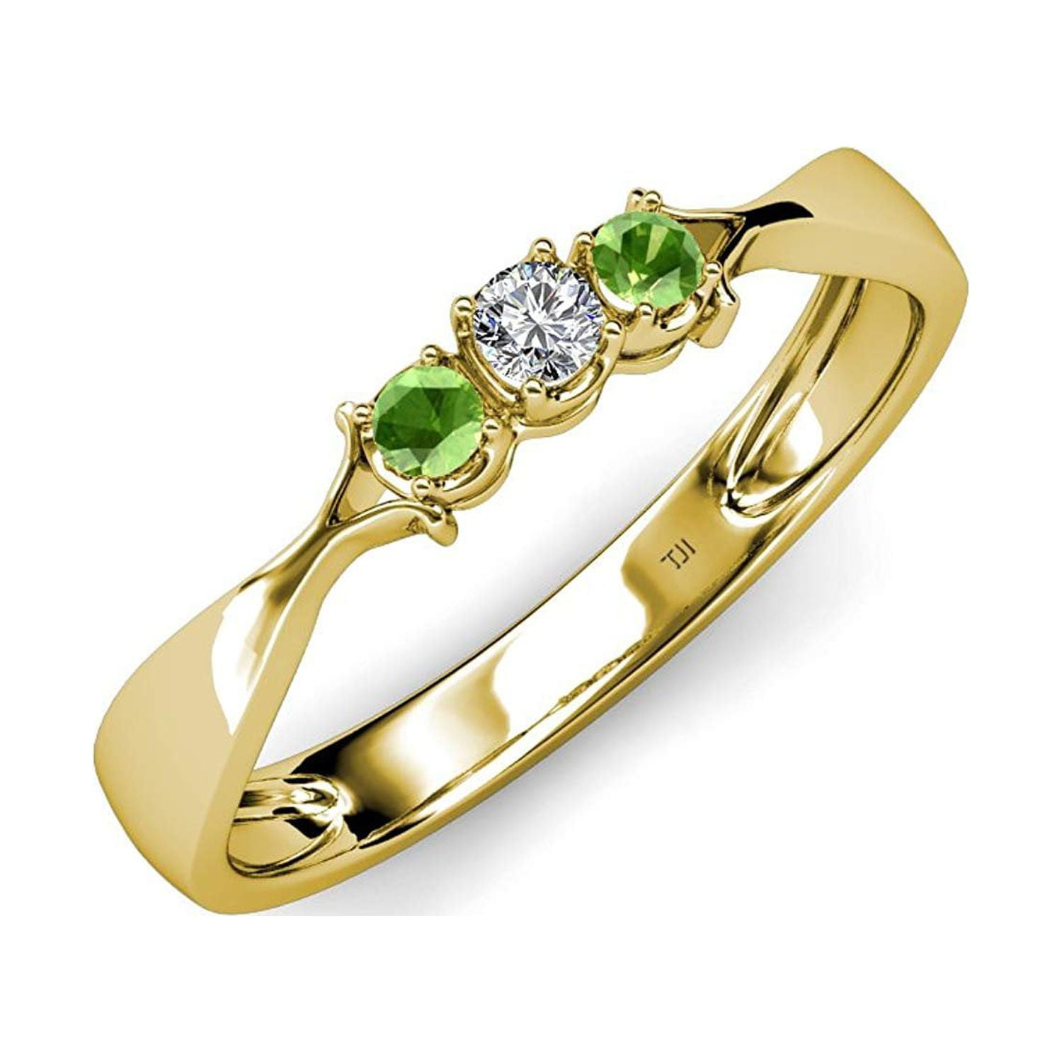 Green Garnet and Diamond (SI2-I1, G-H) Three Stone Ring 0.18