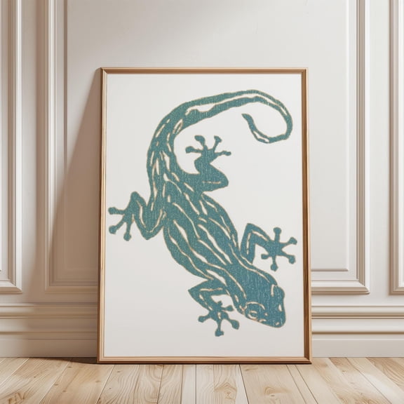 Green Gecko Poster Minimal Woodblock Lizard Asian Inspired Animal, Unframed Poster