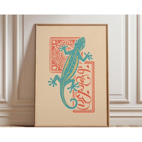 Green Gecko Vintage Woodblock Lizard Illustration Asian Folk Animal Wall Art, Unframed Paper Poster 24x36in