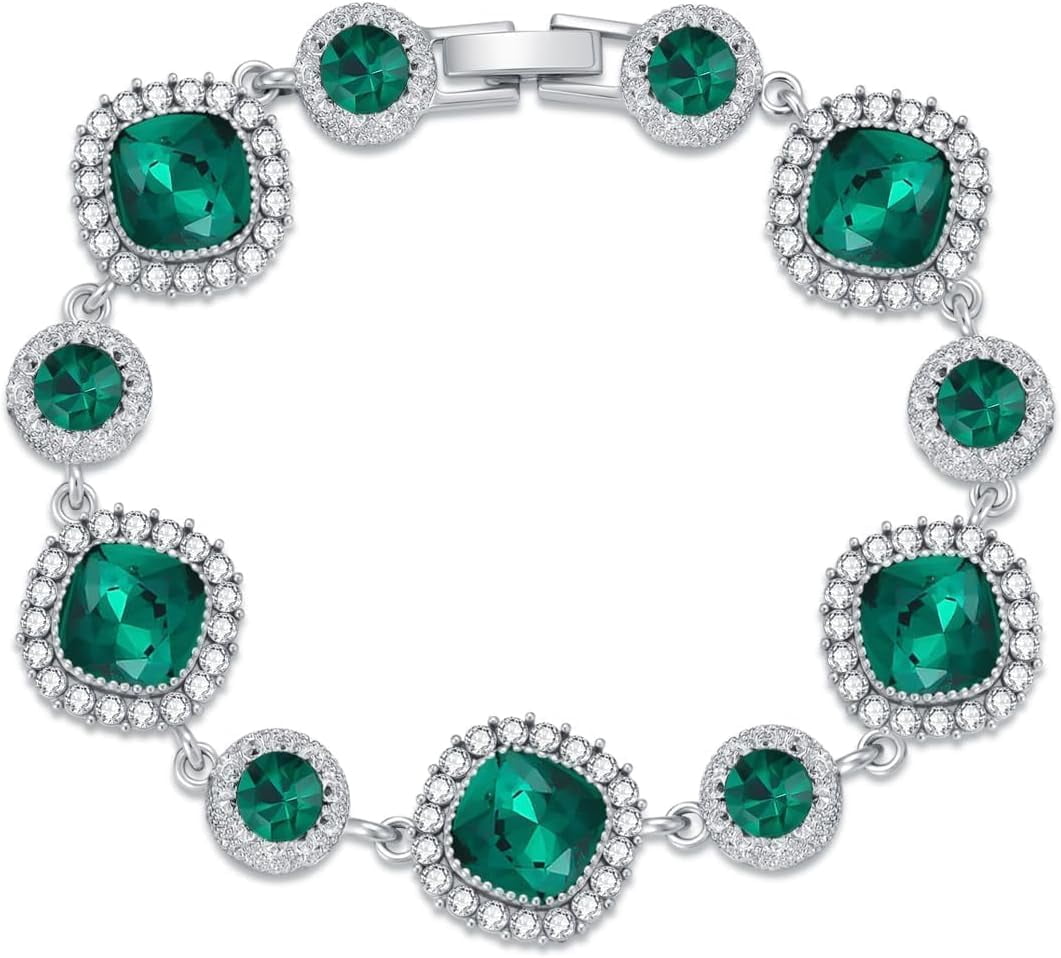 Green Gem Bracelet for Women White Gold Cushion Cut Crystal Bracelet Elegant Sparkling Jewelry for Christmas Valentine’s Day Gifts for Wife Xmas Jewelry Gifts for Women Mom Stocking Stuffers