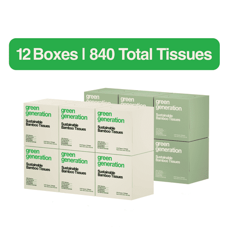 Green Generation Sustainable Bamboo Facial Tissues, 3 Ply, 70 Sheets per Box, 12 Boxes
