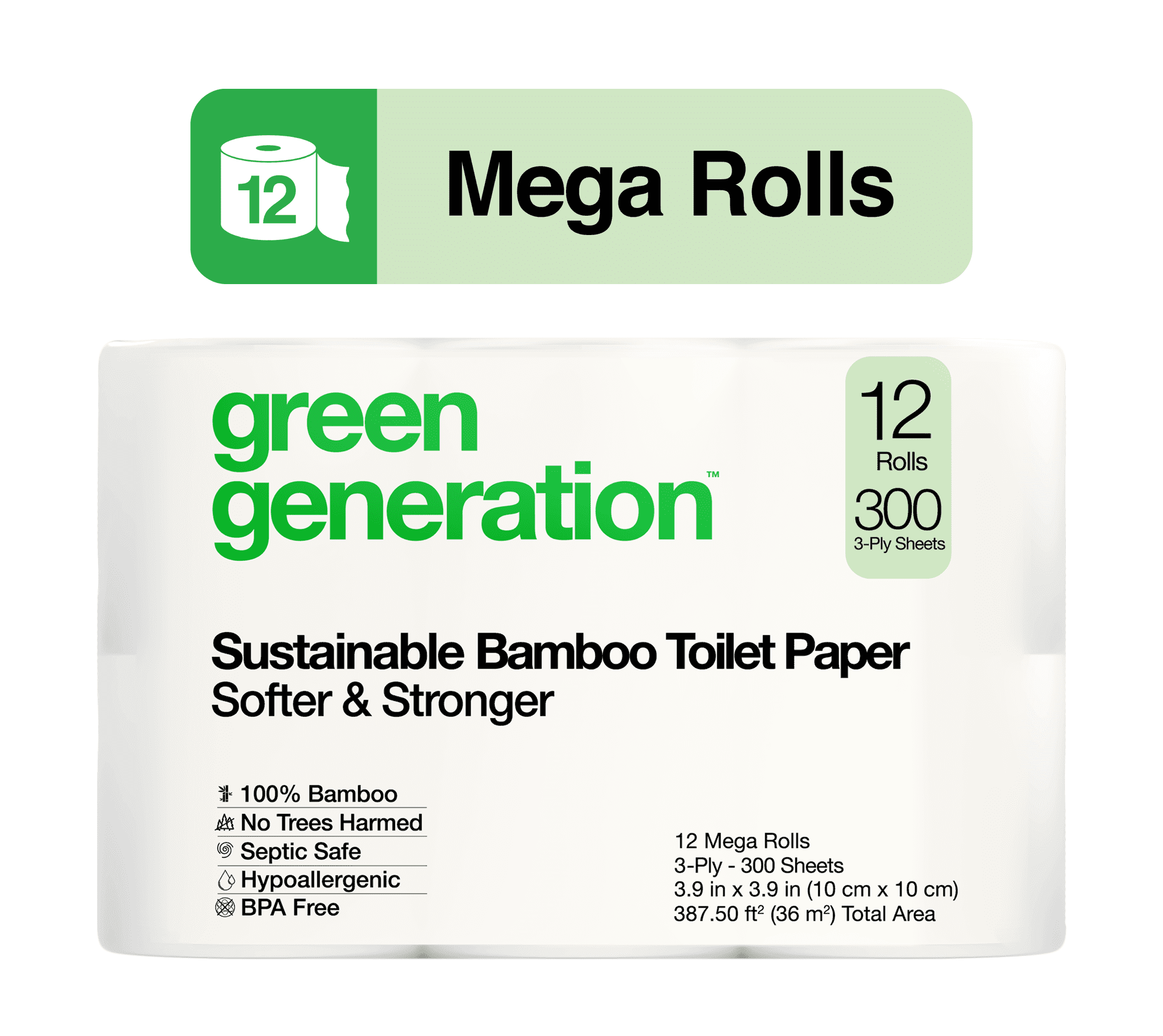 Green Generation Sustainable Bamboo Toilet Paper, 3-Ply, 12 Mega Rolls, 300 Sheets per Roll
