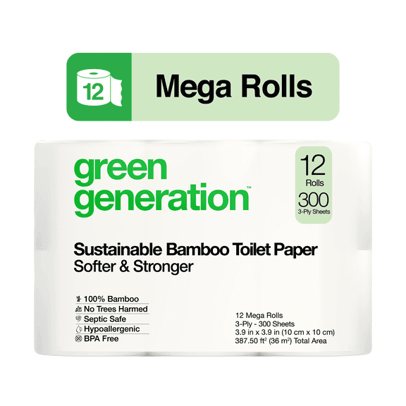 Green Generation Sustainable Bamboo Toilet Paper, 3-Ply, 12 Mega Rolls, 300 Sheets per Roll