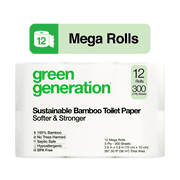 Green Generation Sustainable Bamboo Toilet Paper, 3-Ply, 12 Mega Rolls, 300 Sheets per Roll