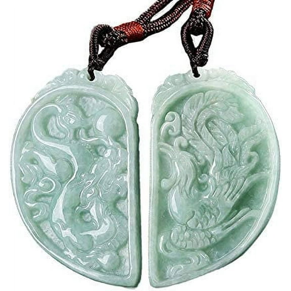 Green Genuine Emerald Jade Jadeite Carved Dragon Phoenix Double Couples Necklace Amulet Pendant for Lovers Women Men(Certificate,Set of 2)
