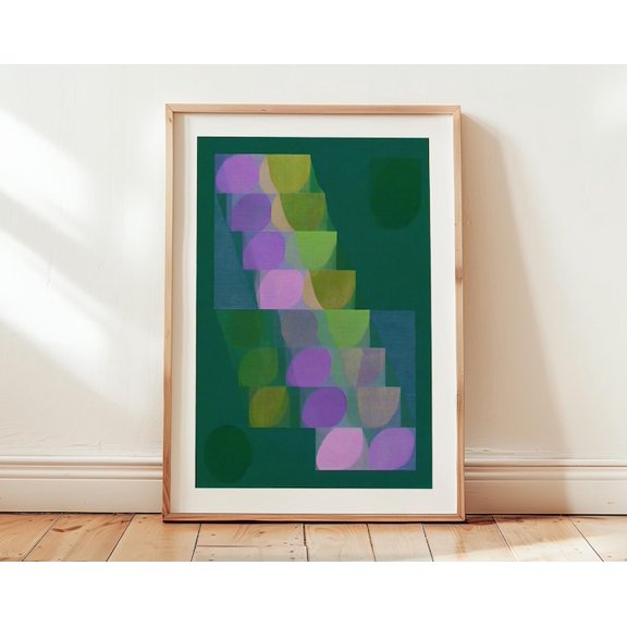Green Geometric Abstract Purple Lime Circle Pattern Wall Art Print, Unframed Paper Poster 8x10in