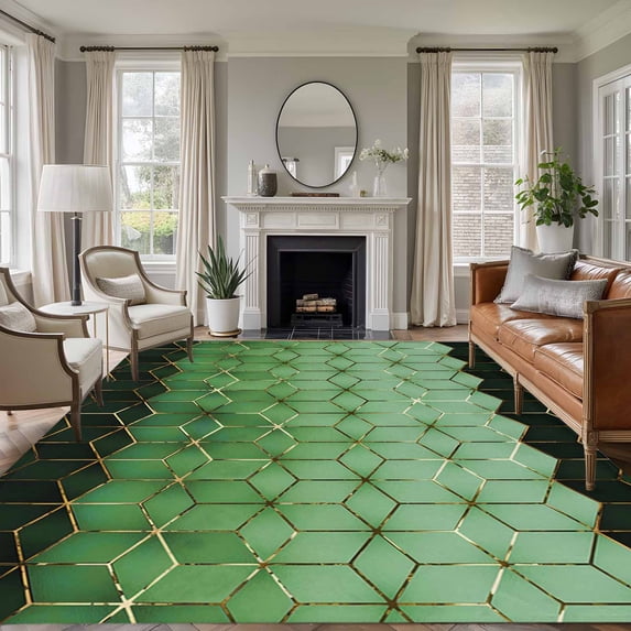 Green Geometric Area Rugs 5'x8', Washable Small Throw Rugs for Classroom Bedroom, Ombre Modern Abstract Art Indoor Outdoor Rug Non-Slip Low Pile Carpet Runner Reversible Floor Mats