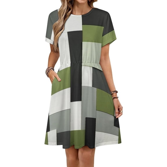 Green Geometric Art, Black And White Green Women's Dress Short Sleeve Summer Sundress Summer Women Clothes