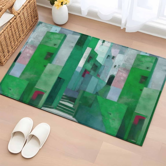Green Geometric Bathroom Rug Washable 2x3 Entryway Rug Non Slip Abstract Art Modern Painting Front Door Mat Low Pile Indoor Doormat Throw Floor Carpet for Kitchen Bedroom Entrance