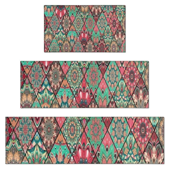 Green Geometric Diamond Pattern Kitchen Rugs Sets Of 3,Kitchen Runner Rugs Non Skid Washable,Decorative Kitchen Floor Mats for Kitchen,Sink,Laundry,17"x30"+ 17"x47" + 17"x59"