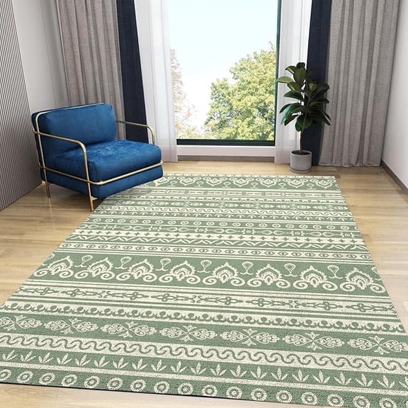 Green Geometric Floral Boho Area Rug, Retro Medieval Style Indoor Non-Slip Kids Rugs, Machine Washable Breathable Durable Carpet For Front Entrance Floor Decor 4 x 5ft