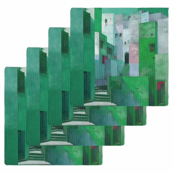 Green Geometric Kitchen Dish Towels for Drying Dishes Set of 4, Abstract Art Modern Painting Waffle Weave Microfiber Hand Tea Bathroom Towels Quick Dry & Absorbent Towel 12x12