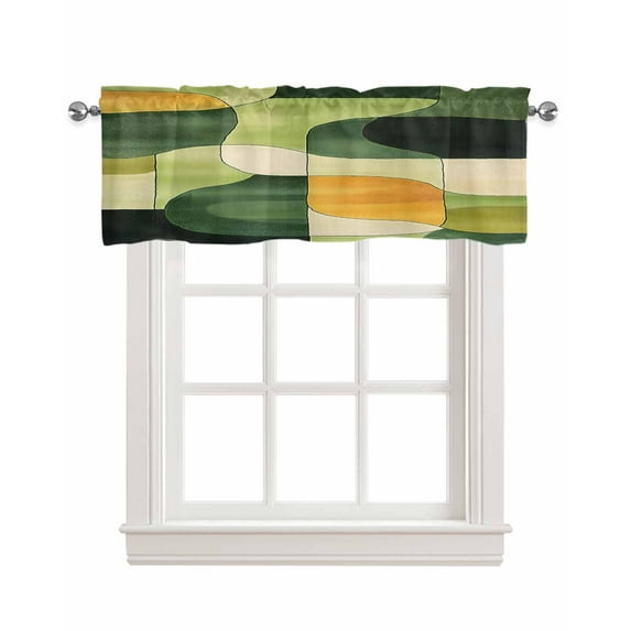 Green Geometric Kitchen Valances for Windows Farmhouse Linen Window Valance Curtain for Living Room Window Treatment Middle Century Vintage Art Aesthetic Valance Rod Pocket Topper Drape, 60 x 18 Inch