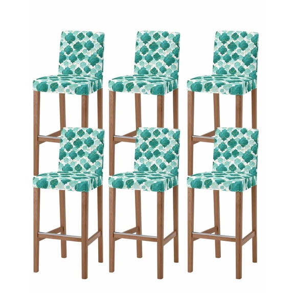 Green Geometric Moroccan Bar Stool Covers Set of 6, Abstract Art Teal Ombre Modern Stretch Washable Bar Chair Covers with Backs, Removable Pub Counter Height Chair Cover for Kitchen Dining Room Cafe