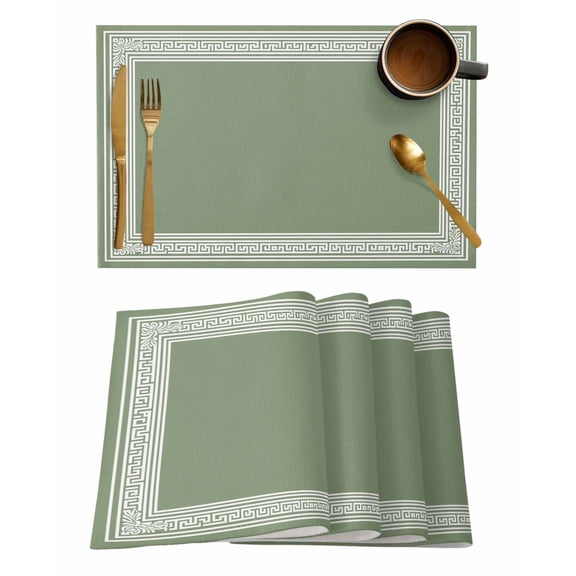 Green Geometric Placemats Set of 4, White Greek Key Design Abstract Modern Art Placemats for Dining Table, Place Mats for Kitchen Tabletop, Waterproof Wipeable Dining Table Mats Set