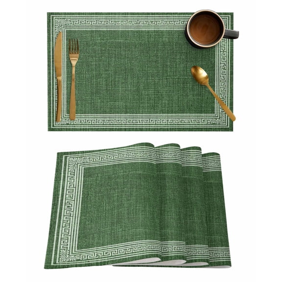 Green Geometric Placemats Set of 4, White Greek Key Design Burlap Modern Art Placemats for Dining Table, Place Mats for Kitchen Tabletop, Waterproof Wipeable Dining Table Mats Set