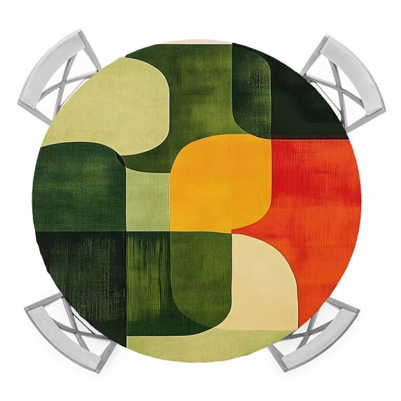 Green Geometric Round Tablecloth for 55-60 Inch Tables, Fitted Table Cover with Elastic Edge, Modern Orange Abstract Lines Art Waterproof Outdoor Table Cloth Protector for Patio Garden Dinner Picnic
