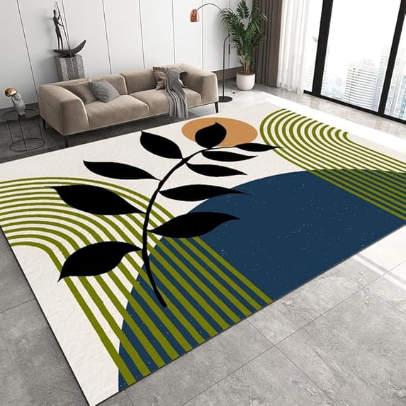 Green Geometric Shapes Design Area Rug, Minimalist Art Style Design Bedroom Rug, Soft Low Pile Dining Room Carpet, Washable Non-Slip Living Room Balcony Kitchen Rugs 2 x 3ft