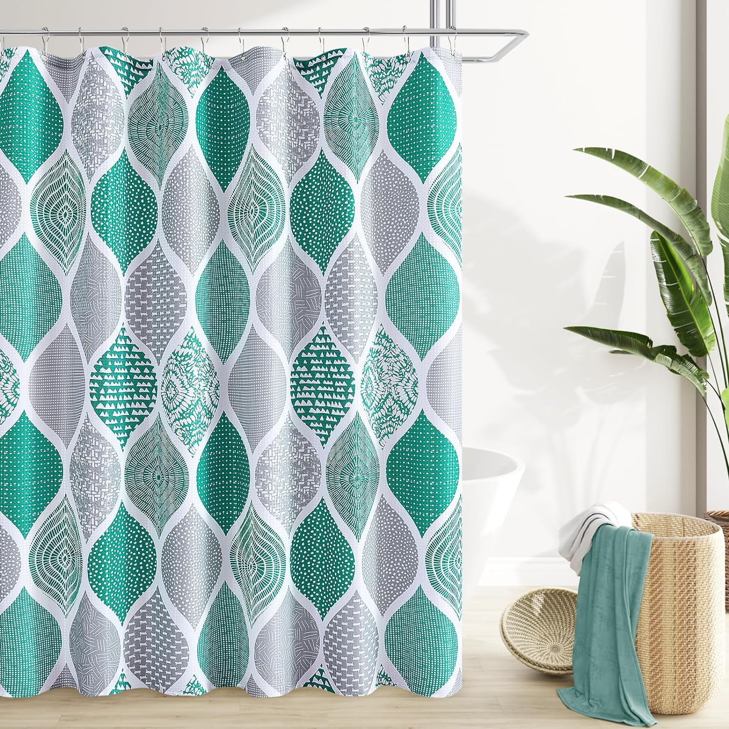 Green Geometric Shower Curtains for Bathroom, Waffle Textured Fabric ...