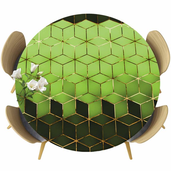 Green Geometric Table Cloth, Round Fitted Tablecloths with Elastic Edge, Gradient Black Gold Mottled Comb Grid Wipeable Waterproof Table Cover for Kitchen Wedding 36-44 Inches