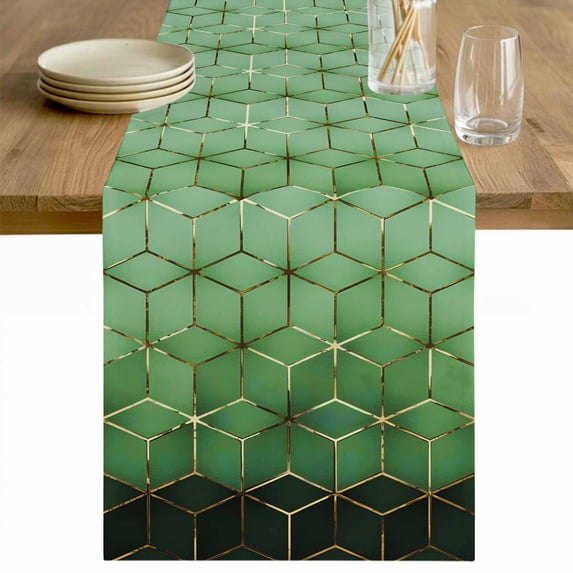 Green Geometric Table Runner - 70 Inch Long Ombre Modern Abstract Art Cotton and Linen Blended Dress Scarves Farmhouse Table Runner for Kitchen Dining, Coffee Table, 13" x 70"